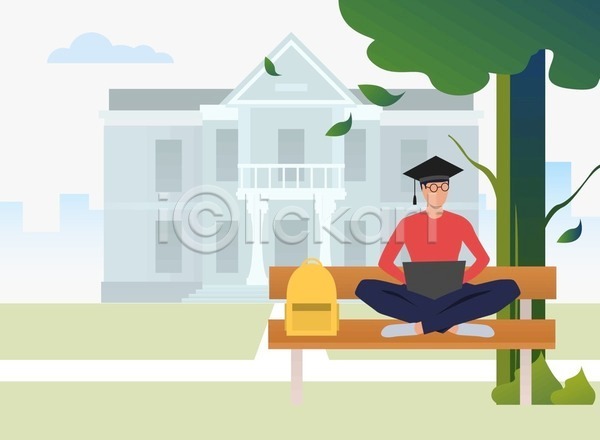 휴식 남자 성인 성인남자한명만 한명 EPS 일러스트 해외이미지 공원 나무 노트북 대학교 벤치 앉기 학사모 학생