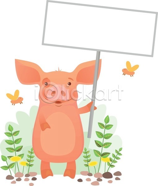 귀여움 사람없음 EPS 일러스트 해외이미지 곤충 돌 돼지 돼지캐릭터 들기 미소(표정) 민들레 잎 표지판 한마리