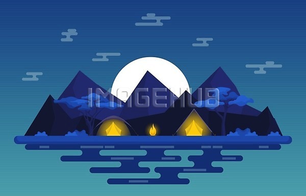 사람없음 EPS 일러스트 해외이미지 남색 달 모닥불 빛 산 캠핑 텐트 호수