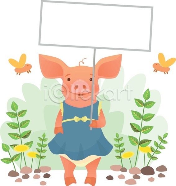 귀여움 사람없음 EPS 일러스트 해외이미지 곤충 돌 돼지 돼지캐릭터 들기 미소(표정) 민들레 원피스 잎 표지판 한마리
