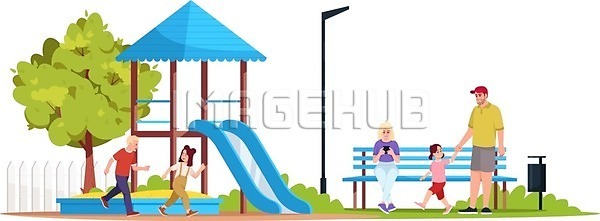 휴식 남자 성인 소녀(어린이) 소년 어린이 여러명 여자 EPS 일러스트 해외이미지 가족 걷기 공원 놀이터 디자인 미끄럼틀 벤치 손잡기 아빠 앉기