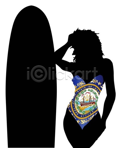 남자한명만 성인 성인여자한명만 여자 EPS 실루엣 일러스트 해외이미지 검은색 국기 상반신 서기 서핑 서핑보드 수영복 여름(계절) 포즈