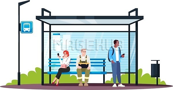 남자 성인 성인만 세명 여자 EPS 일러스트 해외이미지 거리 기다림 도로 버스 버스정류장 버스표지판 벤치 서기 앉기