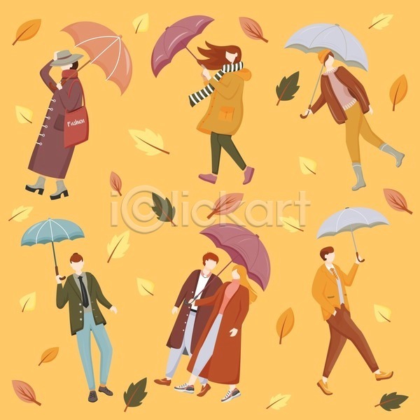 남자 성인 성인만 여러명 여자 EPS 일러스트 해외이미지 가을(계절) 가을옷 걷기 낙엽 단풍 들기 모자(잡화) 서기 손짓 우산 전신 주머니손 코트 패션
