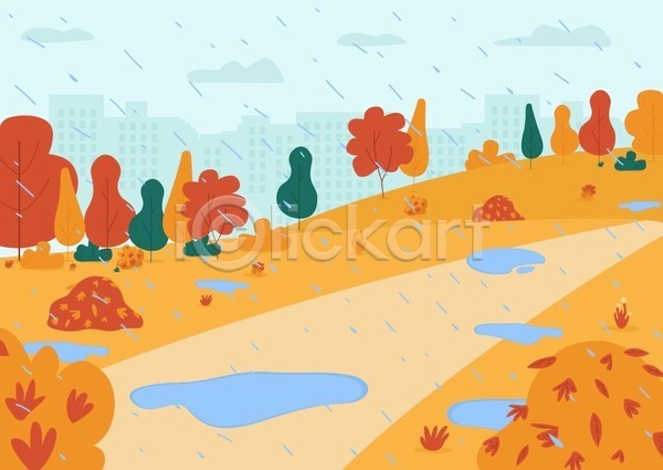 사람없음 EPS 일러스트 해외이미지 가을(계절) 건물 구름(자연) 단풍나무 백그라운드 비(날씨) 산책로 웅덩이 주황색 풀(식물) 풍경(경치)