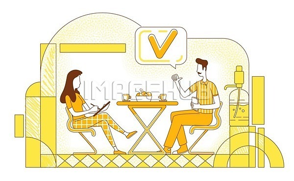 구직 남자 두명 성인 성인만 여자 EPS 일러스트 해외이미지 기록 노란색 들기 라인아트 말풍선 면접 앉기 의자 전신 체크표시