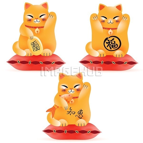 귀여움 행운 사람없음 EPS 일러스트 해외이미지 고양이캐릭터 동전 들기 마네키네코 방석 손들기 앉기 양손 어류 주황색