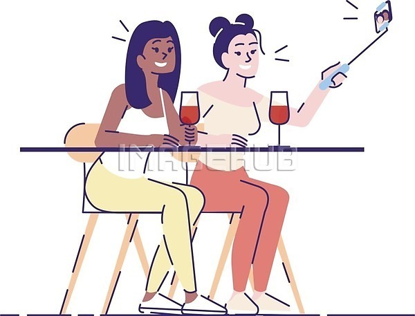 기쁨 우정 함께함 두명 성인 성인여자만 여자 EPS 일러스트 해외이미지 들기 미소(표정) 셀카봉 셀프카메라 스마트폰 앉기 와인잔 의자 잔 전신 탁자