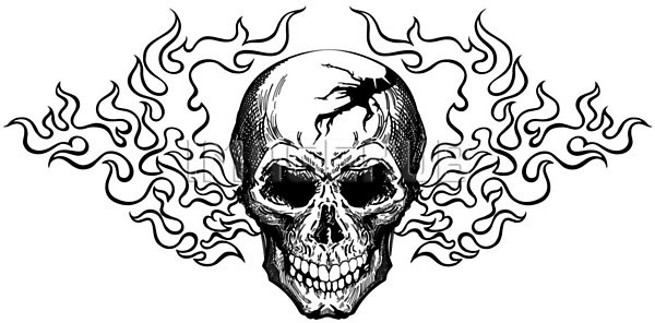 EPS 일러스트 해외이미지 흑백 고립 골격 문신 불 불꽃(불) 연소 죽음 할로윈 해골모형