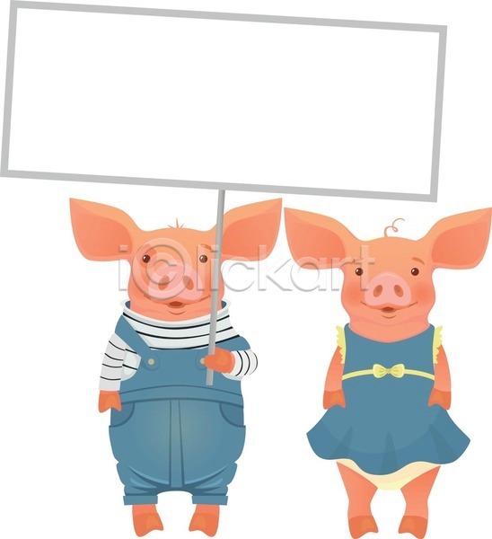 귀여움 사람없음 EPS 일러스트 해외이미지 돼지 돼지캐릭터 두마리 들기 멜빵바지 미소(표정) 원피스 커플 표지판