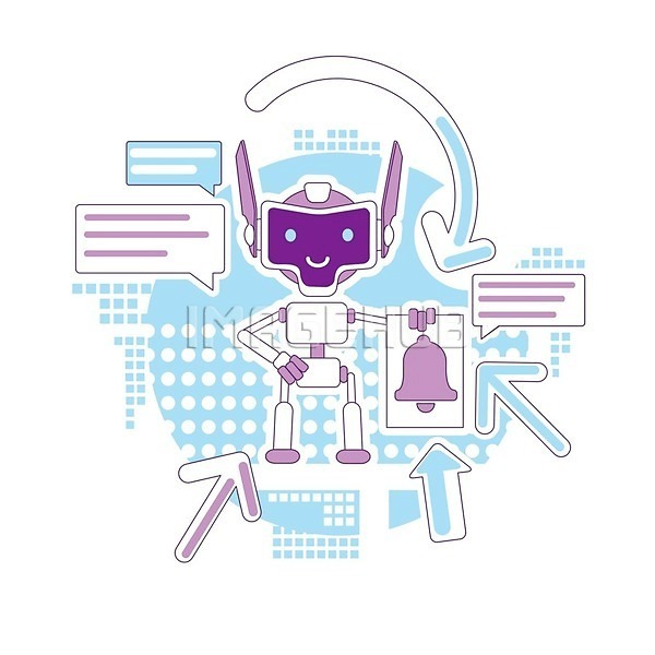 사람없음 EPS 일러스트 해외이미지 AI(인공지능) 들기 로봇 말풍선 보라색 알림 알림종 캐릭터 하늘색 화살표