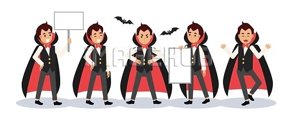 행복 남자 사람 소년 어린이 EPS 일러스트 해외이미지 검은색 고립 공상 그래픽 디자인 만화 미소(표정) 박쥐 세트 수집 일러캐릭터 잡기 축제 캐릭터 파티 포즈 플랫 할로윈 해외일러스트 휴가