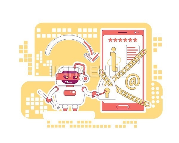 사람없음 EPS 일러스트 해외이미지 AI(인공지능) 개인정보 노란색 로봇 보안 빨간색 쇠사슬 스마트폰 자물쇠 잠금해제 캐릭터 해제 해커 화살표