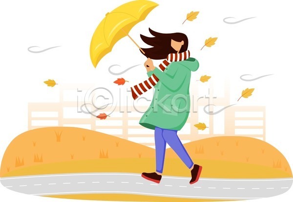 성인 성인여자한명만 여자 한명 EPS 일러스트 해외이미지 가을(계절) 건물 걷기 낙엽 노란색 들기 바람 산책로 우비 우산 전신 풀(식물)