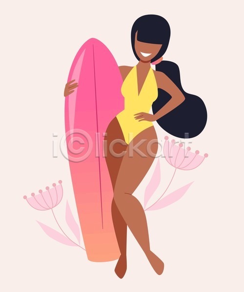 성인 성인여자한명만 여자 한명 흑인 EPS 일러스트 해외이미지 꽃 들기 분홍색 서핑 서핑보드 여름(계절) 전신 포즈
