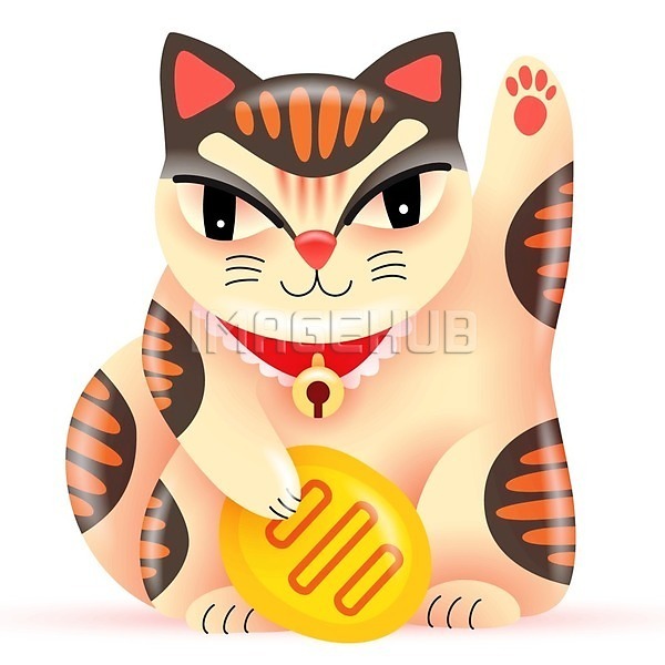 귀여움 사람없음 EPS 일러스트 해외이미지 고양이캐릭터 동전 마네키네코 방울(장식품) 손들기 잡기