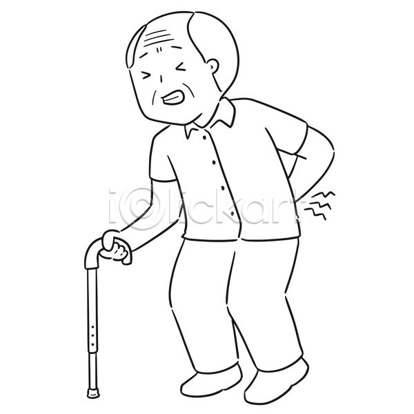 고통 남자 노년 노인남자한명만 한명 EPS 일러스트 해외이미지 건강 들기 전신 지팡이 찡그림 허리통증 환자