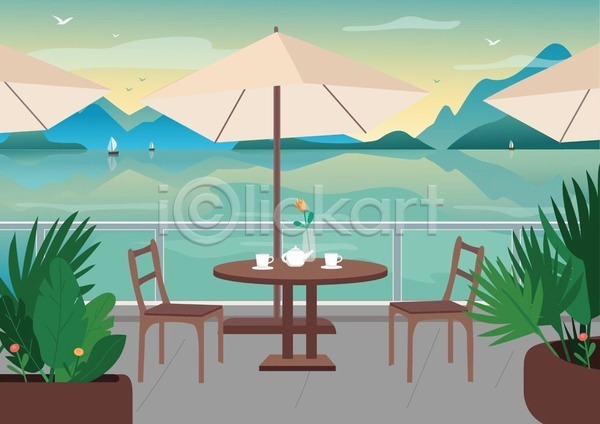 사람없음 EPS 일러스트 해외이미지 디자인 바다 식당 야외 야외테라스 요트 카페 탁자 파라솔 풍경(경치) 화분 휴양지
