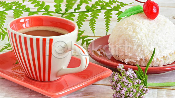 달콤 티타임 사람없음 JPG 포토 해외이미지 꽃 열매 커피 커피잔 케이크 코코넛