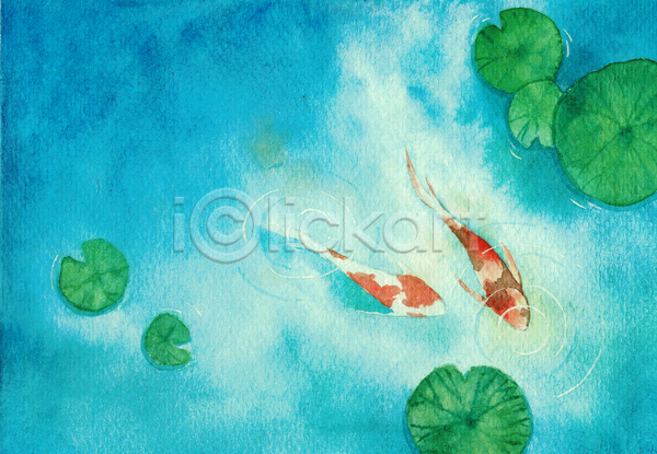 사람없음 JPG 포토 해외이미지 그림 두마리 비단잉어 수채화(물감) 연잎 하늘색