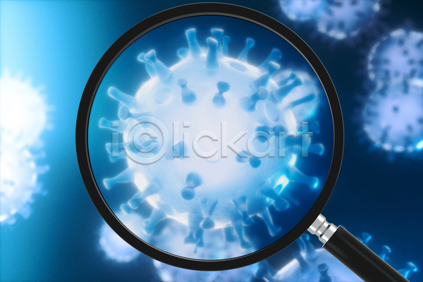사람없음 3D JPG 해외이미지 델타변이바이러스 돋보기 바이러스 세포 오미크론 의학 전염병 코로나바이러스 코로나바이러스감염증19 파란색