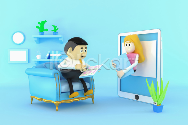 남자 두명 성인 성인만 여자 3D JPG 포토 해외이미지 3D캐릭터 들기 비즈니스맨 비즈니스우먼 상반신 선반 소파 시계 식물캐릭터 앉기 전신 책 컵 태블릿 파란색 화분 화상통화 회의