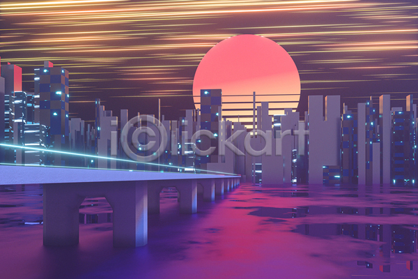 사람없음 EPS 실루엣 일러스트 해외이미지 강 건물 고층빌딩 네온 다리(건축물) 도시 반사 빛 스카이라인 태양