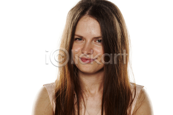 백인 사람 성인 여자 한명 JPG 포토 해외이미지 고립 나쁜 내추럴 백그라운드 얼굴 파란색 표현 흰색