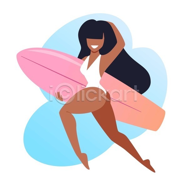 성인 성인여자한명만 여자 한명 흑인 EPS 일러스트 해외이미지 달리기 들기 서핑 서핑보드 여름(계절) 전신