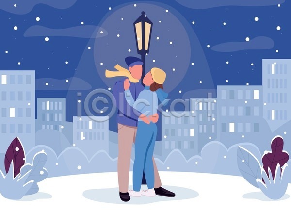함께함 남자 두명 사람 성인 성인만 여자 EPS 일러스트 해외이미지 가로등 겨울 공원 눈(날씨) 눈내림 눈송이 데이트 디자인 야간 저녁 커플 포옹 풍경(경치)