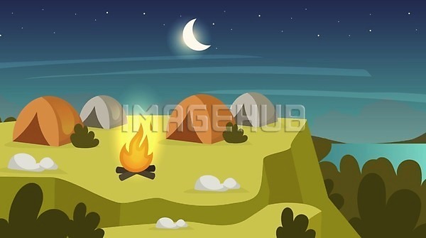 사람없음 EPS 일러스트 해외이미지 디자인 모닥불 야간 야외 언덕 여름(계절) 여행 캠핑 캠핑장 텐트 풍경(경치) 플랫