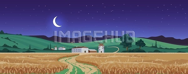 사람없음 EPS 일러스트 해외이미지 가을(계절) 농가 농경지 농장 달 디자인 마을 밀 밤하늘 산 야간 야외 풍경(경치) 풍차