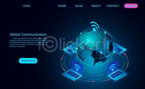 미래 사람없음 3D EPS 해외이미지 글로벌 노트북 디지털 비즈니스 연결 와이파이 인터넷 자료 지구본 파란색