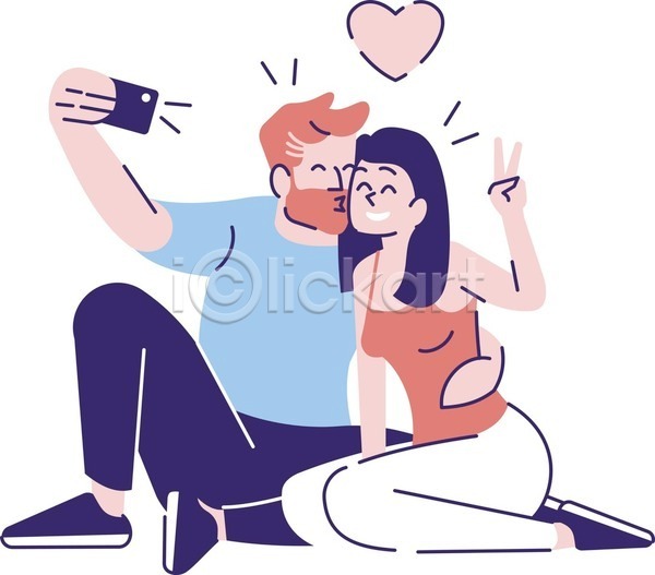 사랑 행복 남자 두명 성인 성인만 여자 EPS 일러스트 해외이미지 데이트 들기 미소(표정) 브이 셀프카메라 스마트폰 안기 전신 커플 키스 허리손