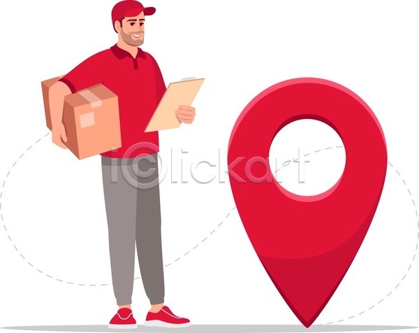 남자 성인 성인남자한명만 한명 EPS 일러스트 해외이미지 GPS 들기 배달원 빨간색 상자 서류판 서비스 전신 택배기사 택배상자