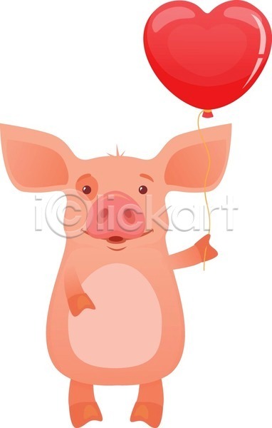 귀여움 사람없음 EPS 일러스트 해외이미지 돼지 돼지캐릭터 들기 미소(표정) 하트풍선 한마리