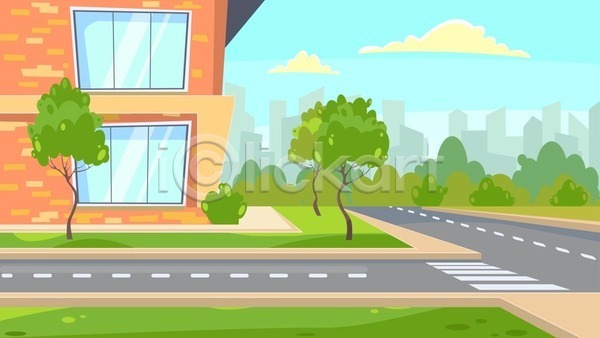 사람없음 EPS 일러스트 해외이미지 건물 구름(자연) 나무 도로 도시 창문 학교 횡단보도