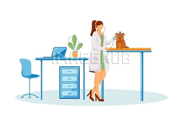 사람 성인 성인여자한명만 여자 한명 EPS 일러스트 해외이미지 강아지 개 들기 디자인 반려동물 수의사 의사 진료 청진기 탁자