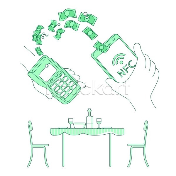 스마트 편리함 신체부위 EPS 일러스트 해외이미지 결제 단말기 들기 라인아트 무선통신 손 스마트폰 식당 식탁 와이파이 와인 의자 정보기술 지폐 초록색
