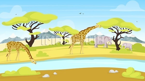 보호 사람없음 EPS 일러스트 해외이미지 공원 기린 나무 동물 디자인 물 사파리 식물 아프리카 야생동물 잎 자연 코끼리 풍경(경치)
