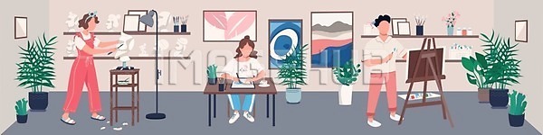 남자 사람 성인 여자 EPS 일러스트 해외이미지 그리기 그림 디자인 미술 실내 예술가 작업실 조각(조소) 조각상 캔버스 해외일러스트