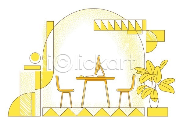 사람없음 EPS 일러스트 해외이미지 노란색 라인아트 사무실 의자 컴퓨터 탁자 화분