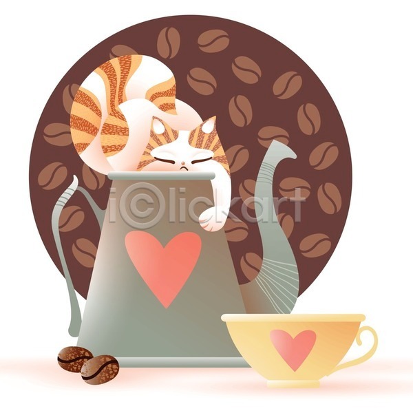 귀여움 사람없음 EPS 일러스트 해외이미지 갈색 고양이캐릭터 원두 원형 잠 찻주전자 커피잔 하트