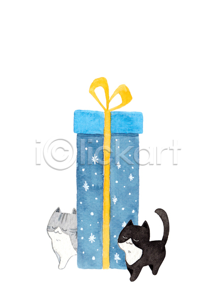 사람없음 JPG 포토 해외이미지 고양이 그림 두마리 선물상자 수채화(물감)