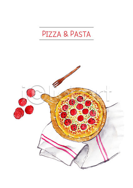 사람없음 PSD 일러스트 식탁보 요리 음식 페퍼로니 페퍼로니피자 포크 피자