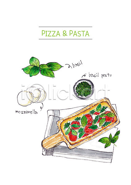 사람없음 PSD 일러스트 나무도마 모짜렐라치즈 바질 식탁보 요리 음식 토마토 피자