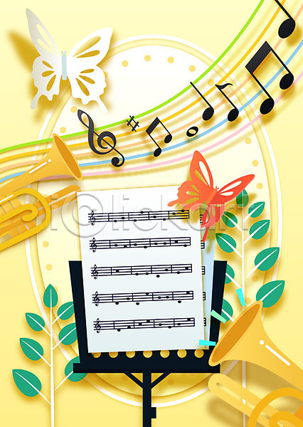사람없음 AI(파일형식) 일러스트 교육 나뭇가지 나비 두마리 보면대 악보 음악 음악교육 음표 트럼펫 페이퍼아트