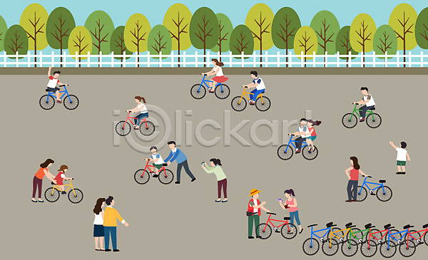 즐거움 남자 사람 성인 어린이 여러명 여자 AI(파일형식) 일러스트 공원 나무 대여 라이프스타일 승차 일상 자전거 전신