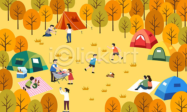 남자 사람 성인 어린이 여러명 여자 AI(파일형식) 일러스트 가을(계절) 단풍나무 돗자리 라이프스타일 바비큐 사진촬영 앉기 일상 자연 전신 초원(자연) 취미 캠핑 텐트