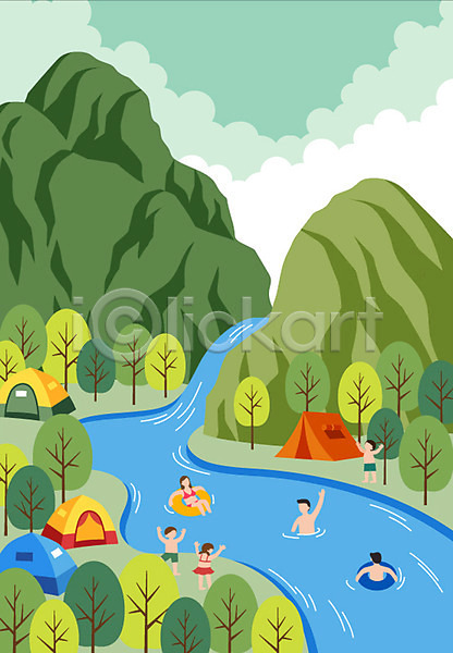 즐거움 남자 사람 성인 어린이 여러명 여자 AI(파일형식) 일러스트 계곡 라이프스타일 물놀이 상반신 수영복 일상 자연 전신 캠핑 텐트 튜브